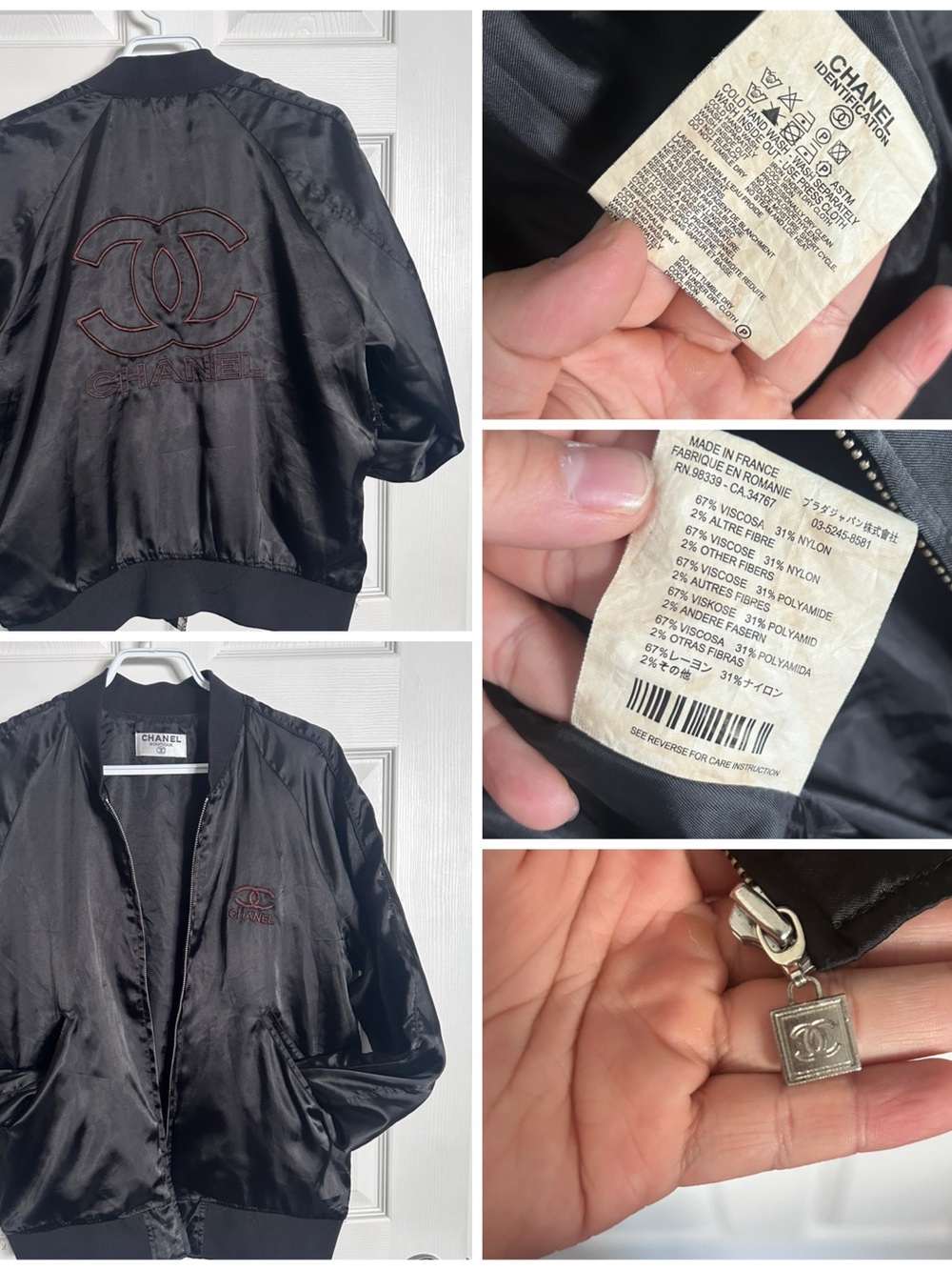 CHANEL Black Satin Bomber Jacket with Embroidered CC Motif